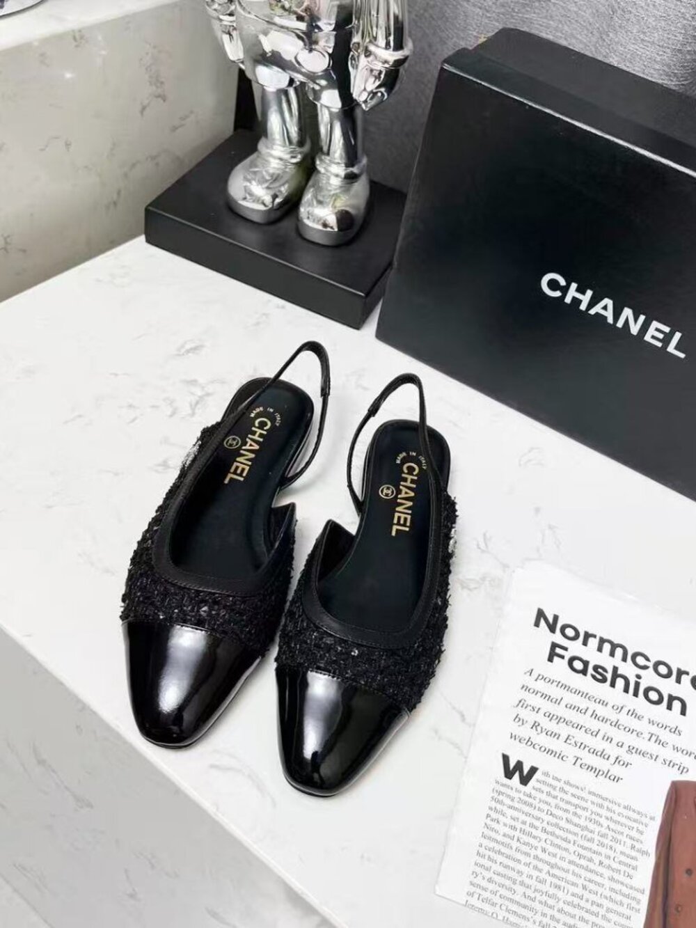 Chanel Black Tweed Patent Leather Slingback Flats